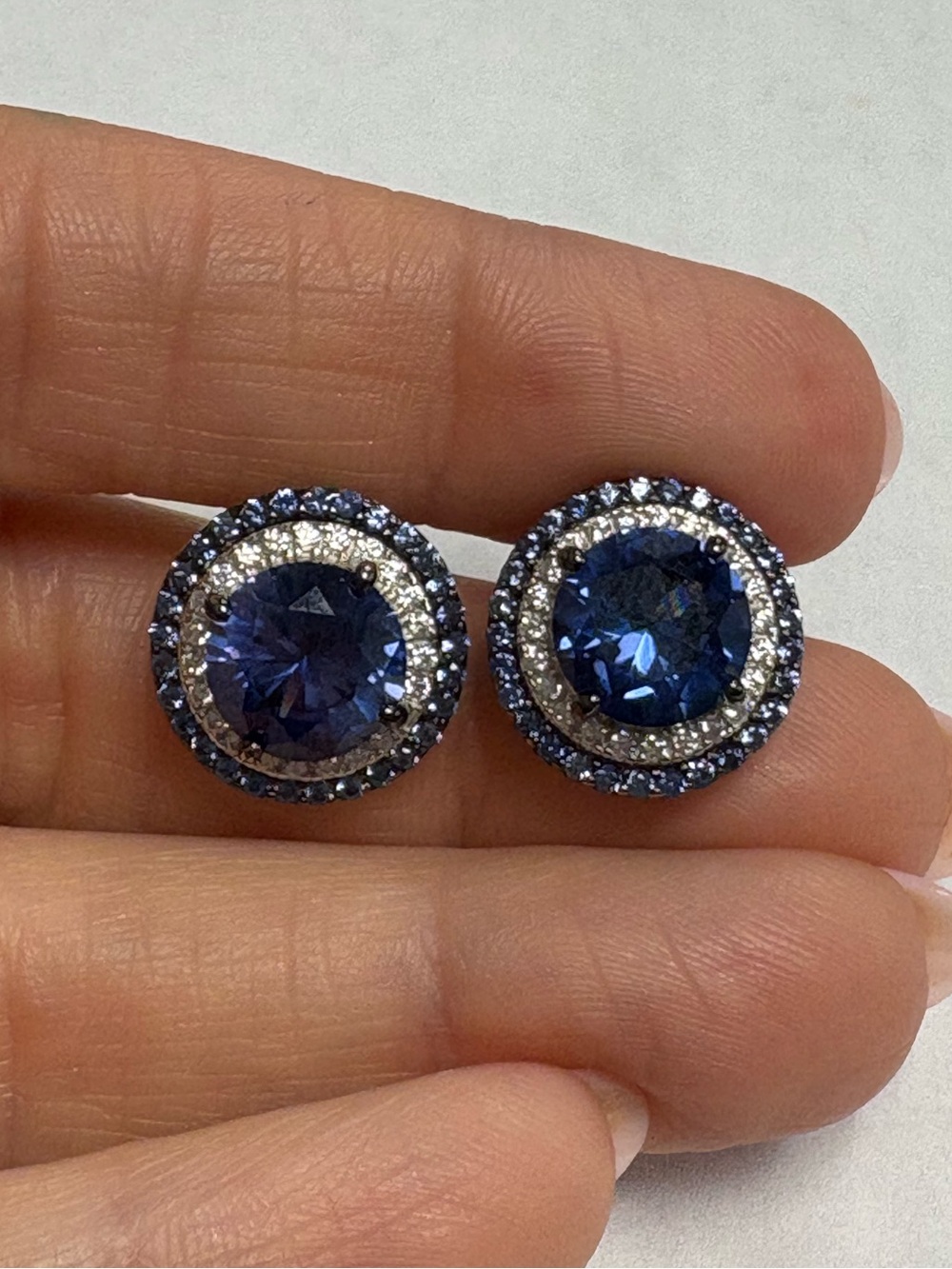 Suzy Levian Large Round Blue Sapphire Halo Stud Earrings NWT